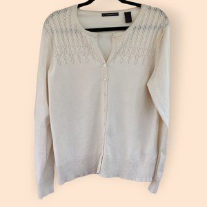 Liz Claiborne Large Knit Silk Button Down Cardigan Cream Off White Patterned